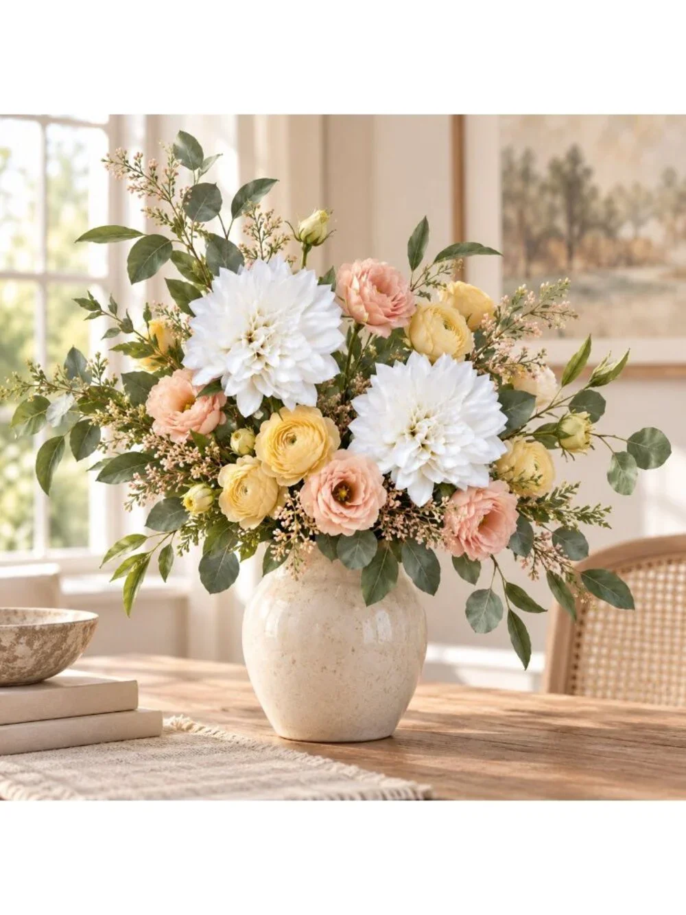 White Artificial Dahlia Stems, Set of 2, 24 Inch Faux Silk Flowers, 5 Inch Bloom